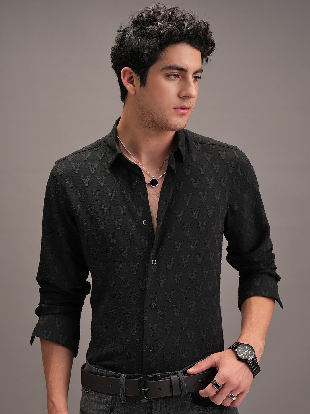 

LOCOMOTIVE Men Luxe Jaquard Textured Party Shirt, Black