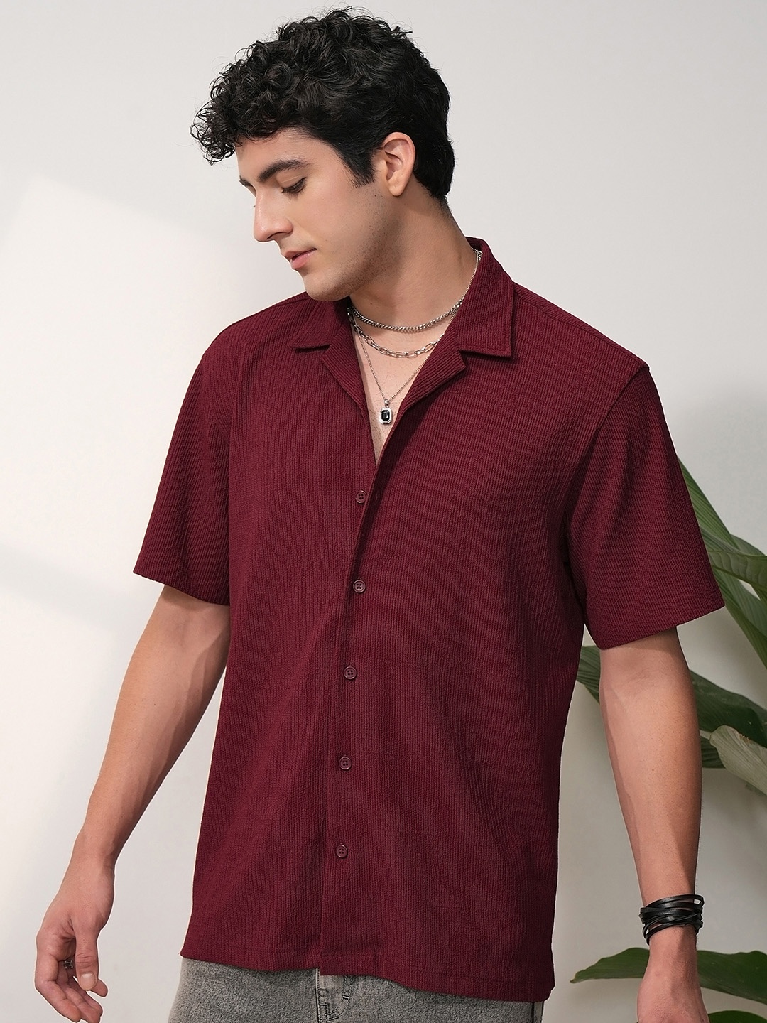 

LOCOMOTIVE Premium Wine Knitted Textured Cuban Collar Relaxed Shirt, Maroon