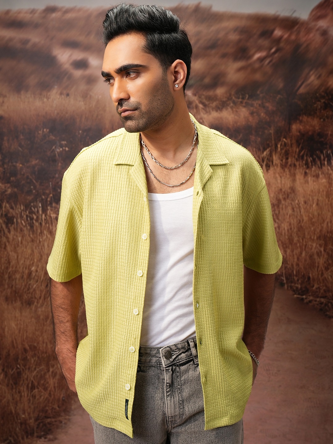 

LOCOMOTIVE Men Premium Bubble Textured Cuban Collar Oversized Shirt, Green