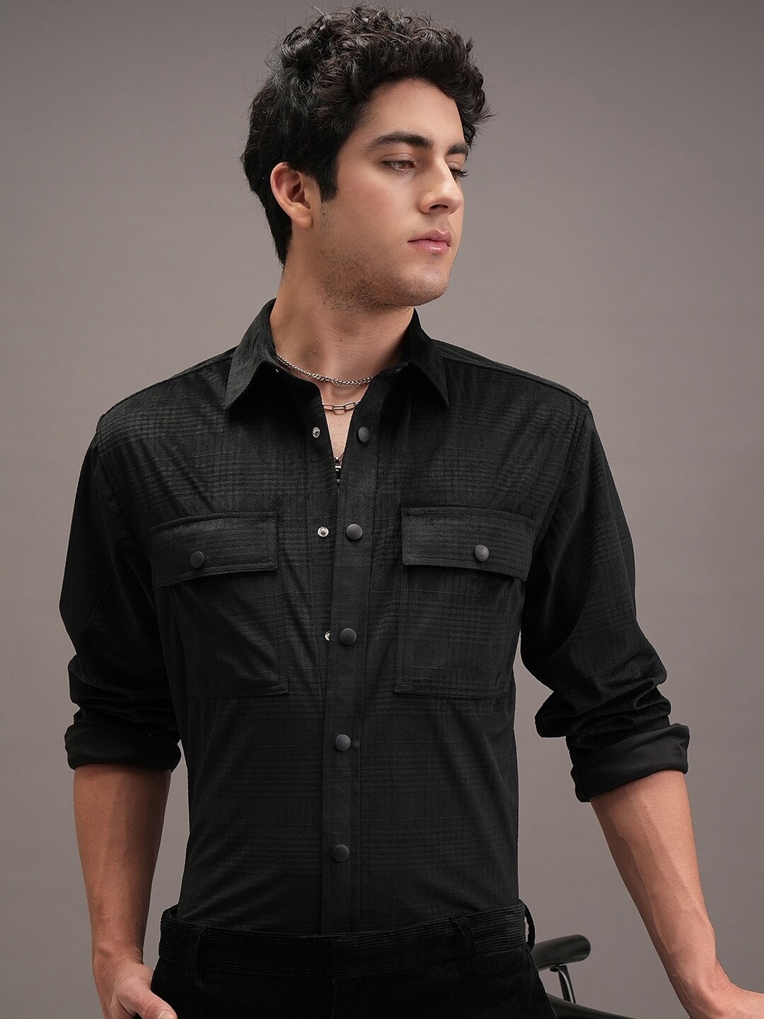 

LOCOMOTIVE Premium Men Luxe Cord Textured Evening Party Shirt, Black