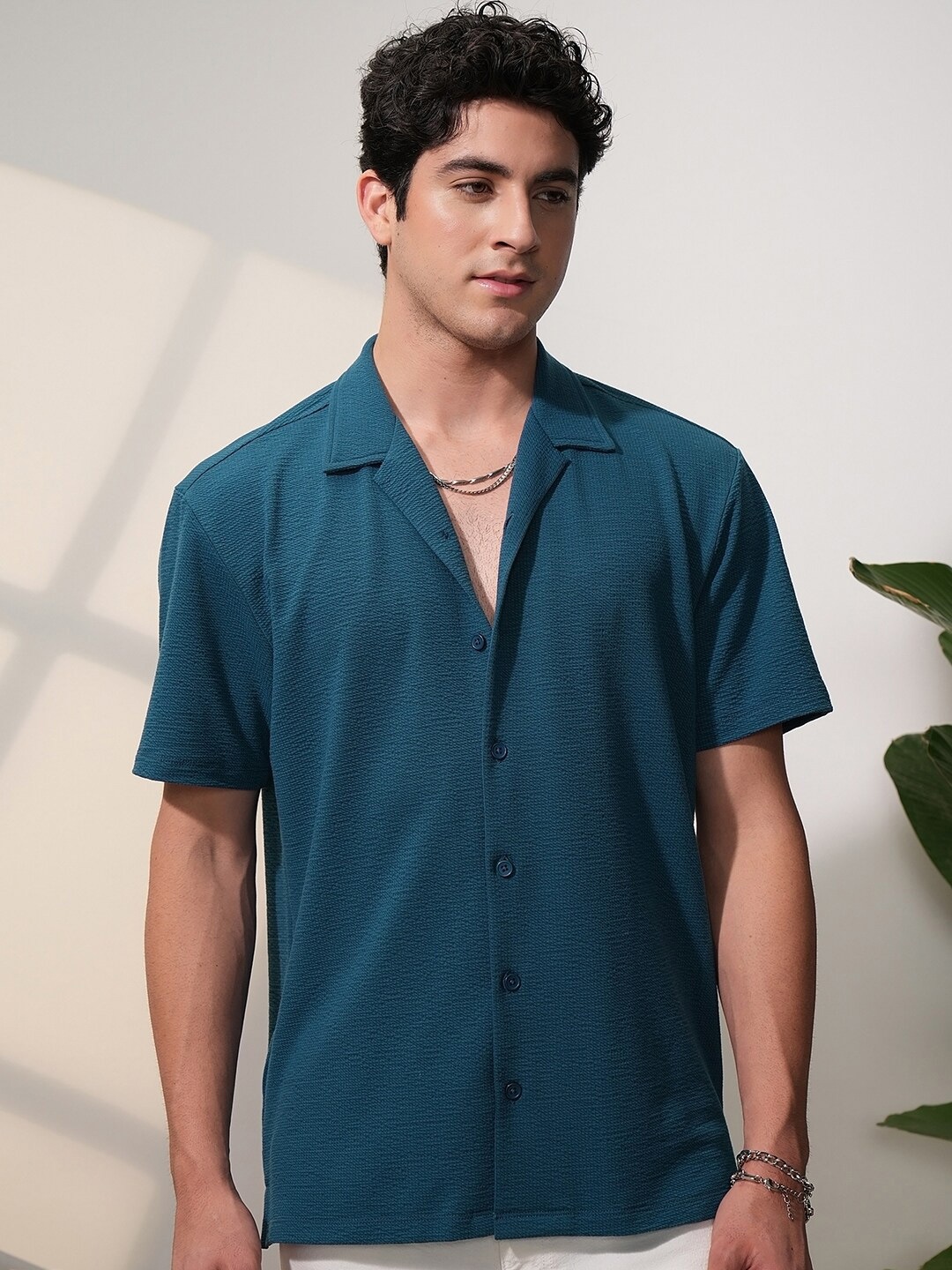 

LOCOMOTIVE Men Premium Bubble Knit Textured Cuban Collar Relaxed Shirt, Teal