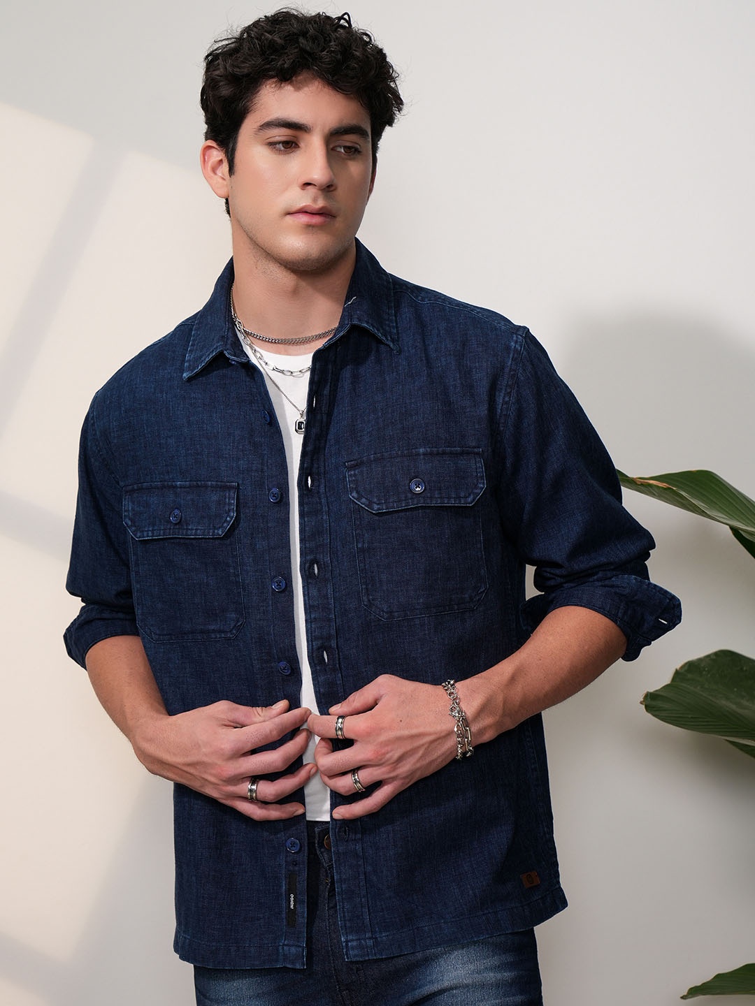 

LOCOMOTIVE Premium Blue Indigo Dobby Textured Solid Utility Pocket Overshirt