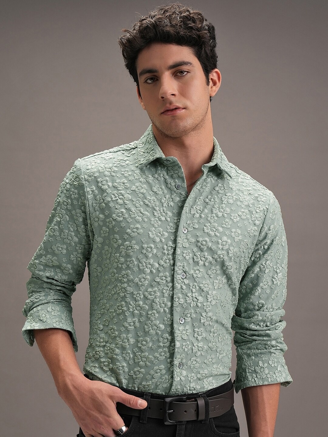

LOCOMOTIVE Men Luxe Floral Jaquard Textured Party Shirt, Green