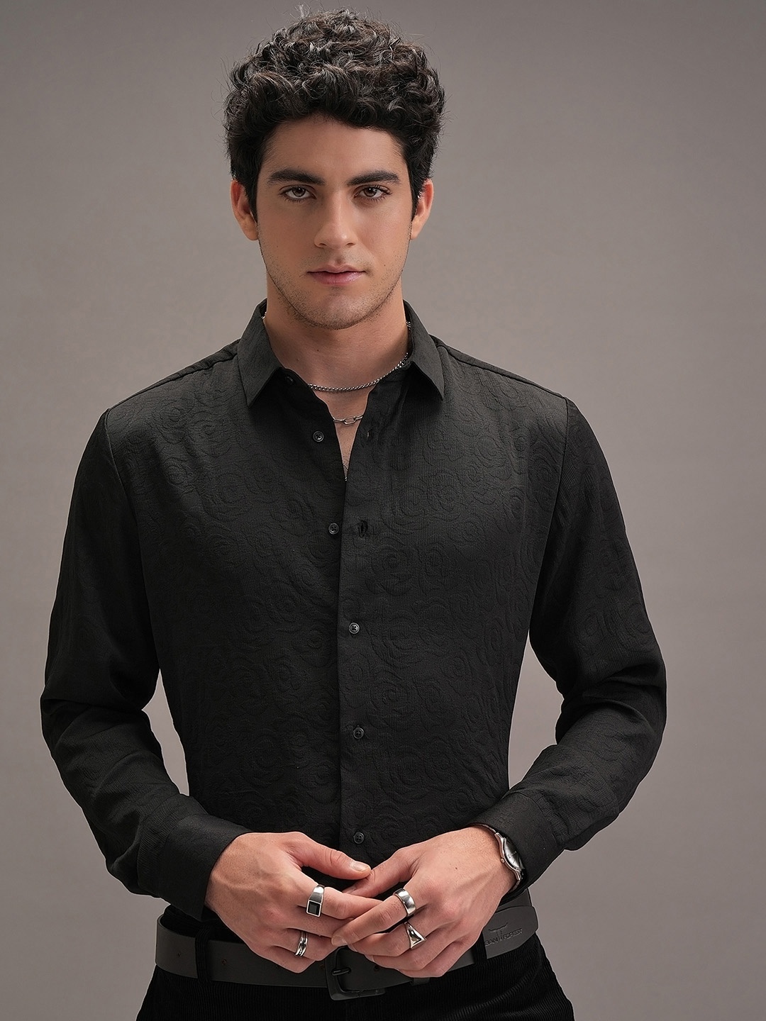 

LOCOMOTIVE Premium Luxe Black Embossed Textured Evening Party Shirt