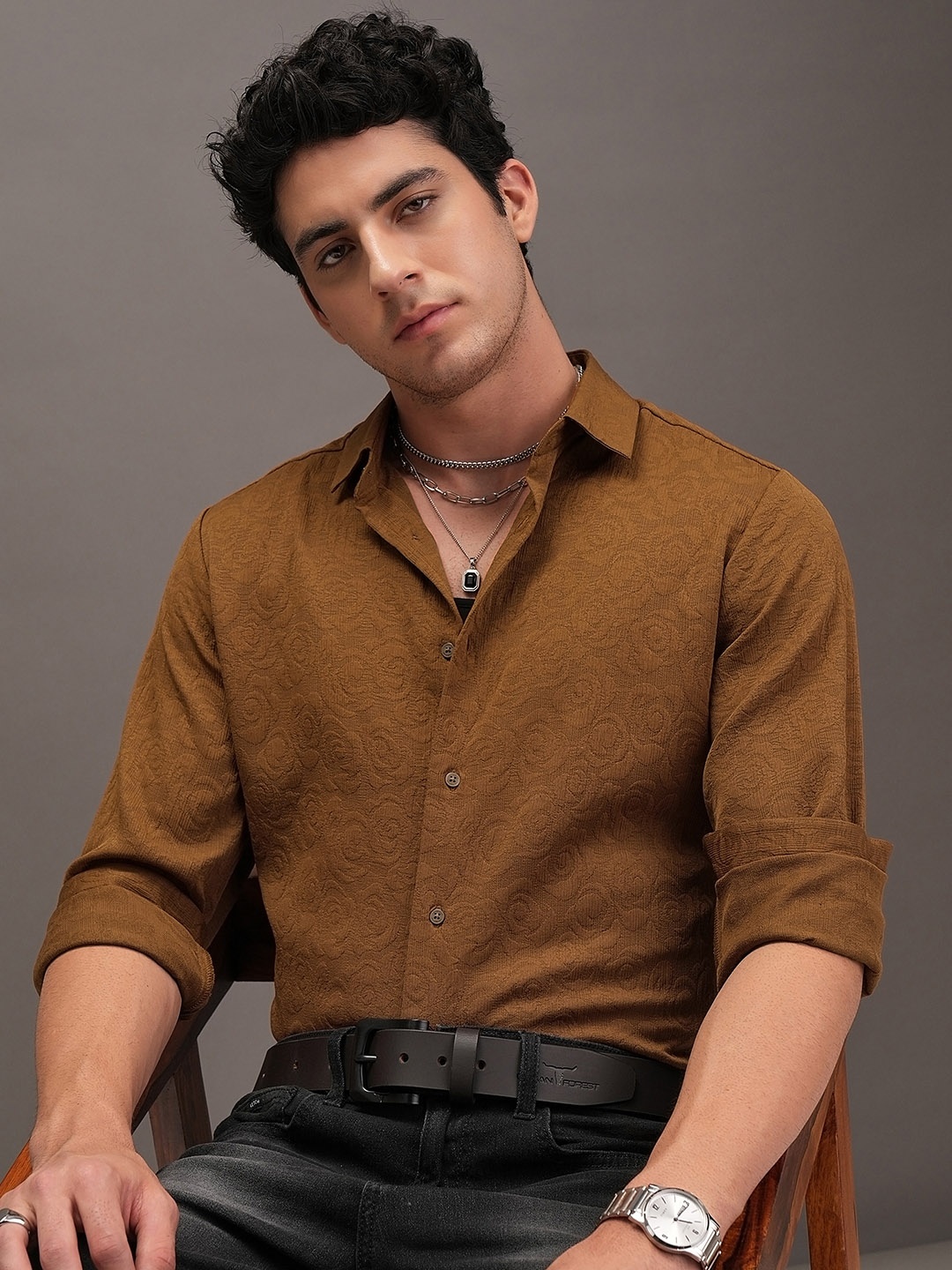 

LOCOMOTIVE Premium Men Luxe Embossed Textured Evening Party Shirt, Brown