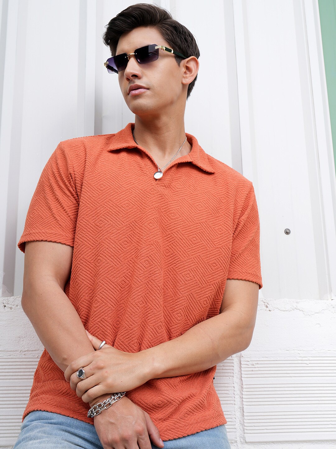 

LOCOMOTIVE Men Premium Terry Towel Relaxed Fit Open Collar Polo T Shirt, Rust