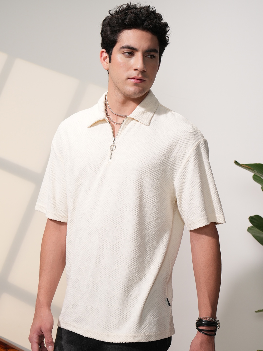 

LOCOMOTIVE Men Terry Towel Oversized Dropshoulder Half Zip Polo T-Shirt, Cream