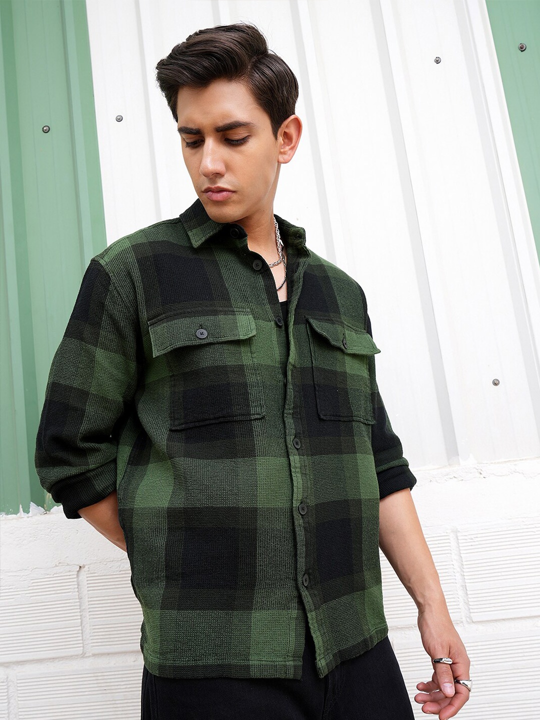 

LOCOMOTIVE Men Premium Regular Collar Oversized Shirt, Green