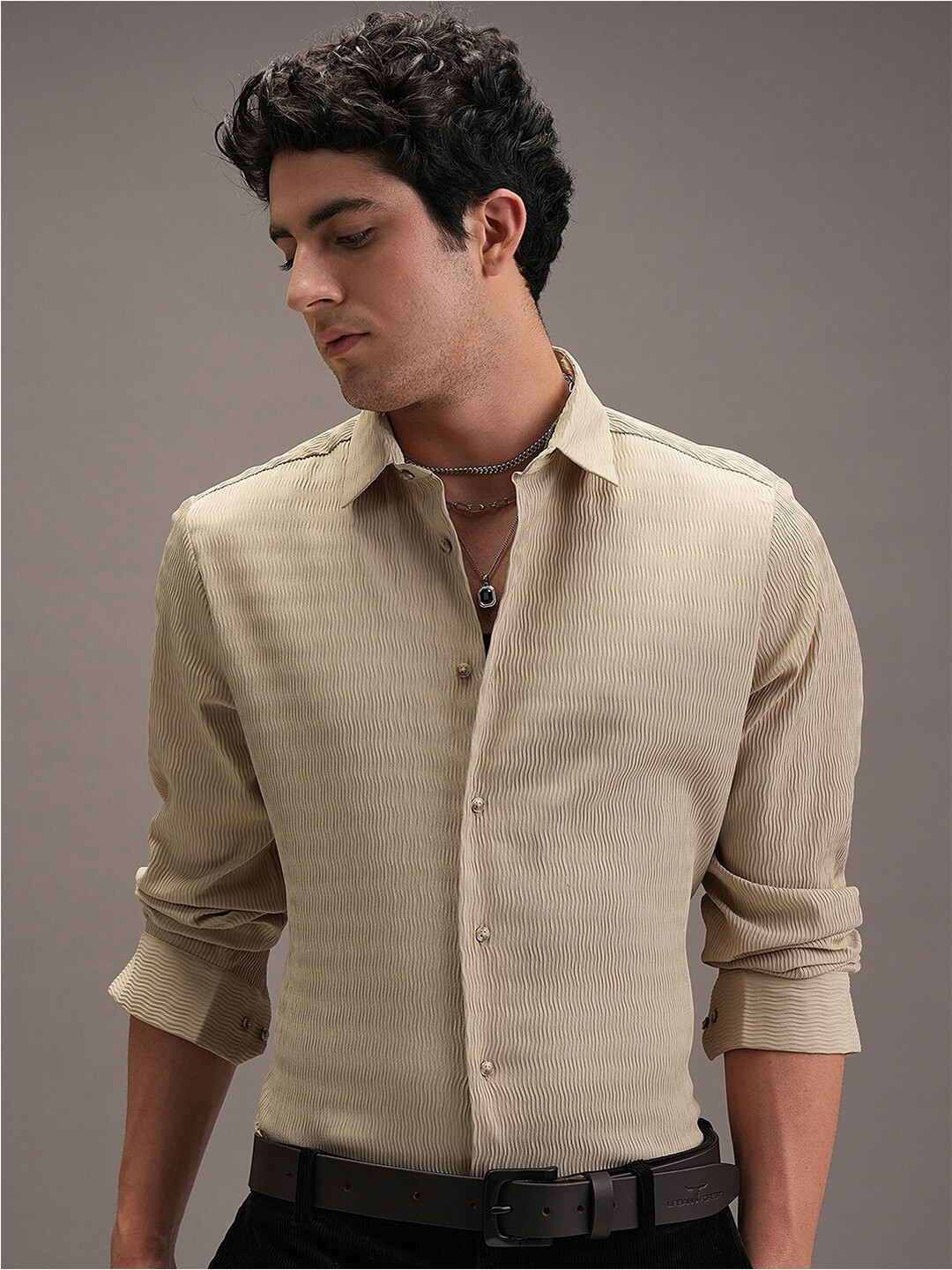 

LOCOMOTIVE Premium Men Luxe Embossed Textured Evening Party Shirt, Beige
