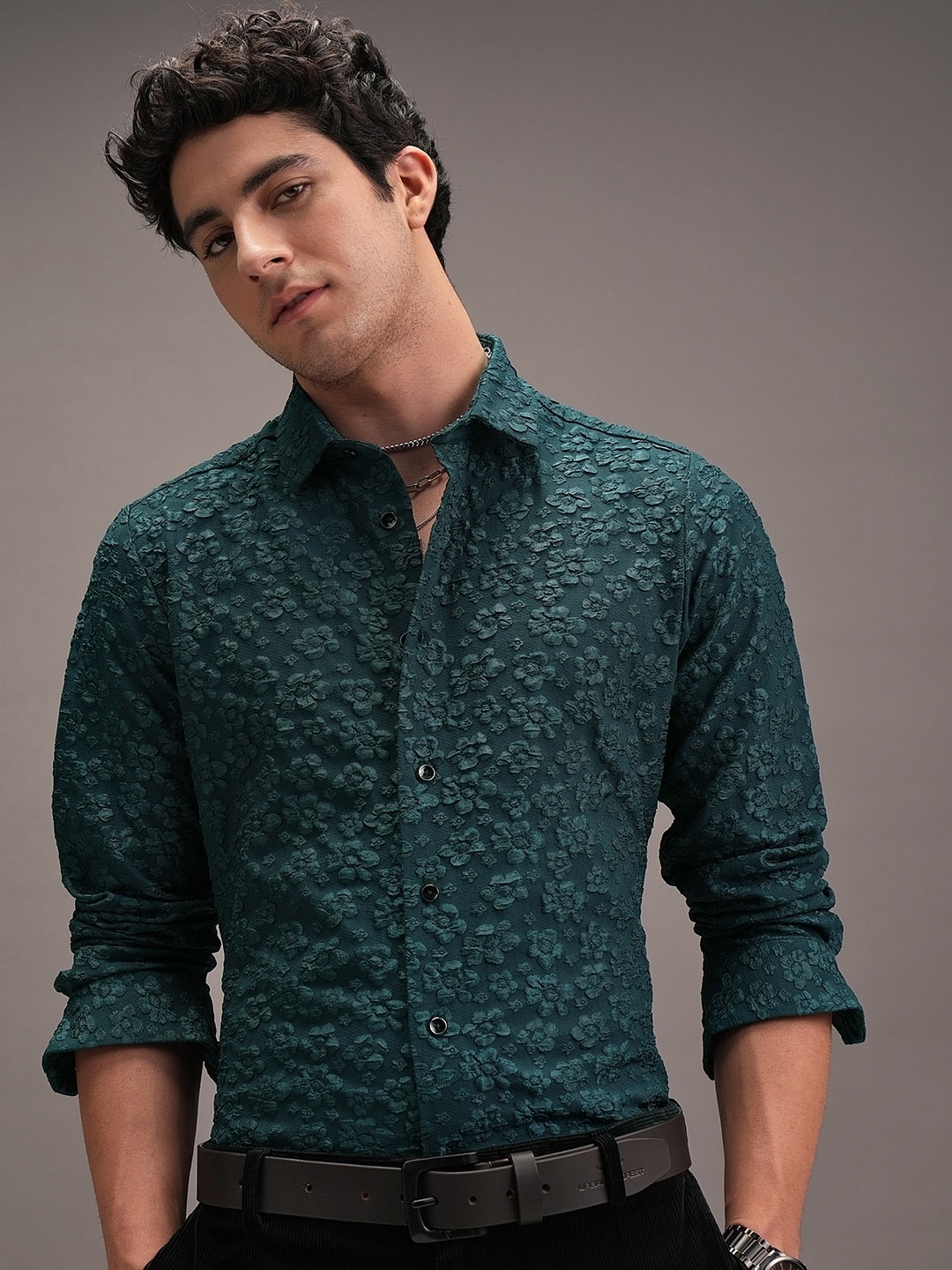 

LOCOMOTIVE Men Luxe Floral Jaquard Textured Party Shirt, Green