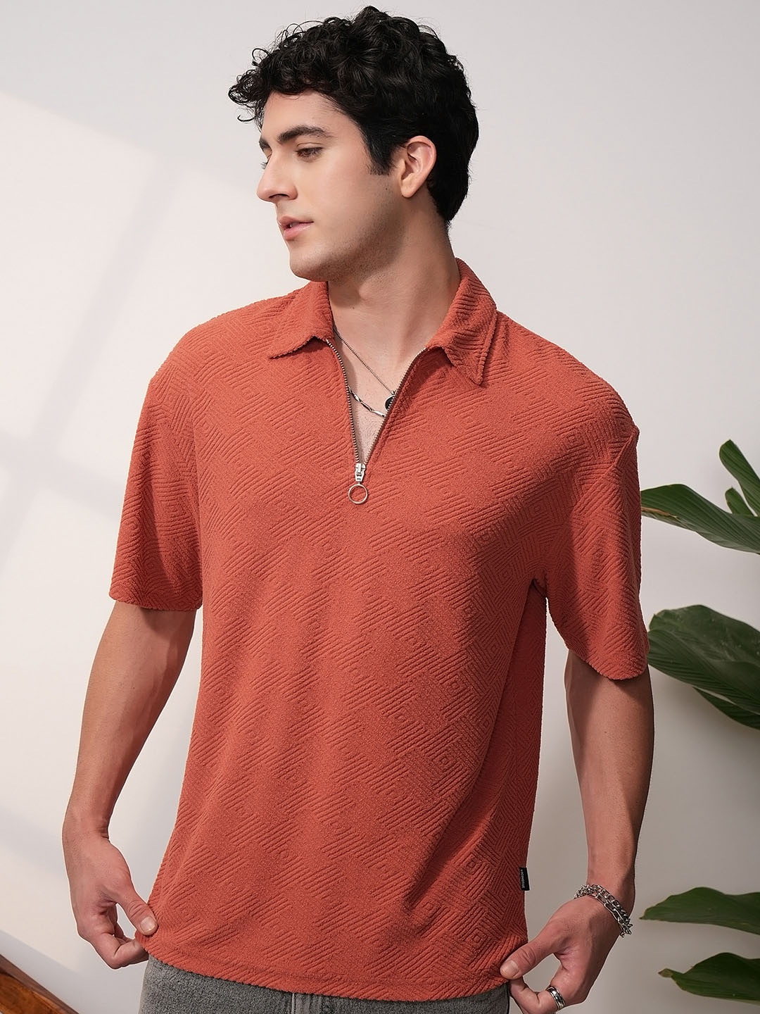 

LOCOMOTIVE Men Premium Terry Towel Oversized Dropshoulder Half Zip Polo T-Shirt, Rust