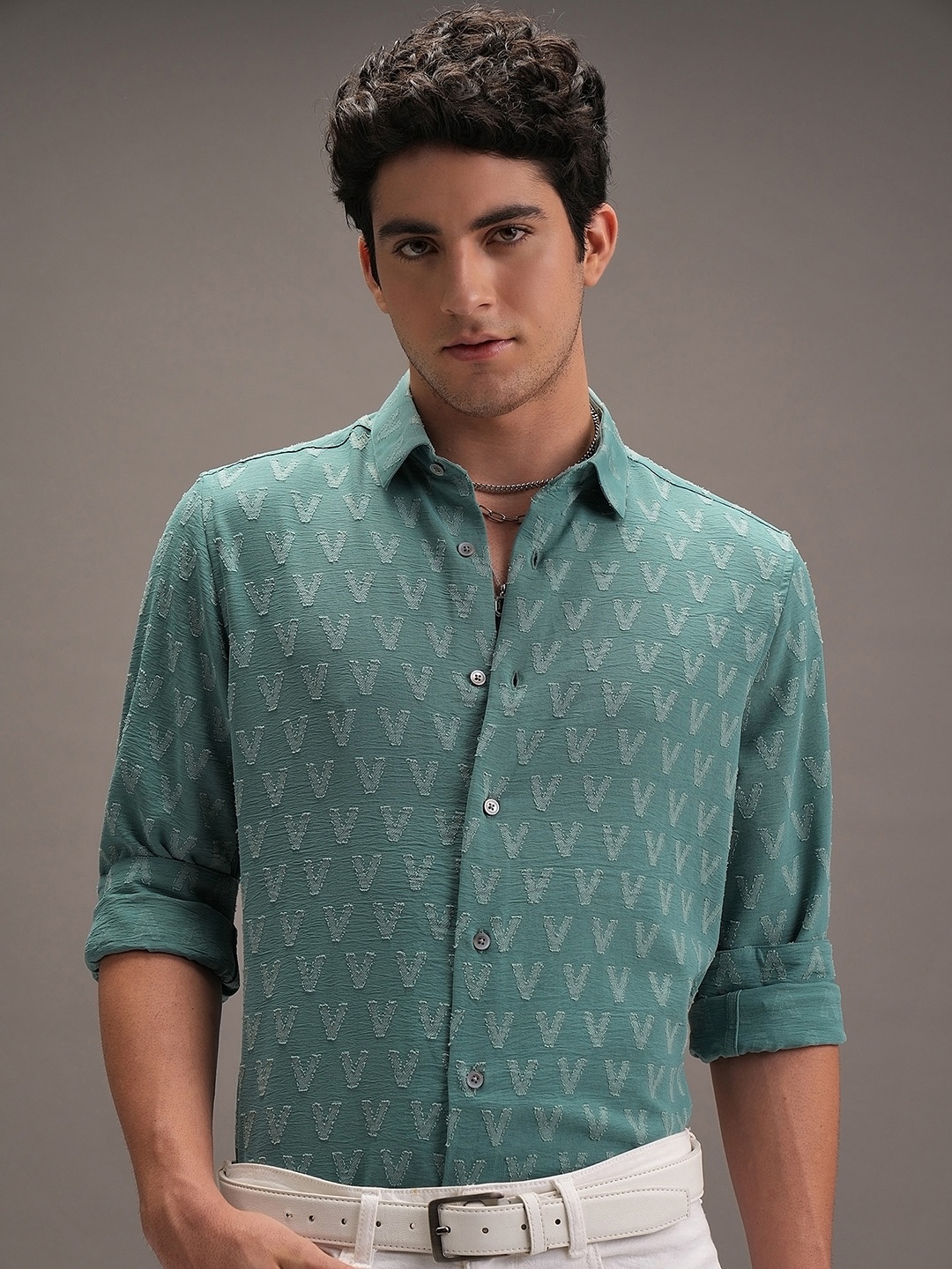 

LOCOMOTIVE Luxe Sea Green Jacquard Textured Party Shirt