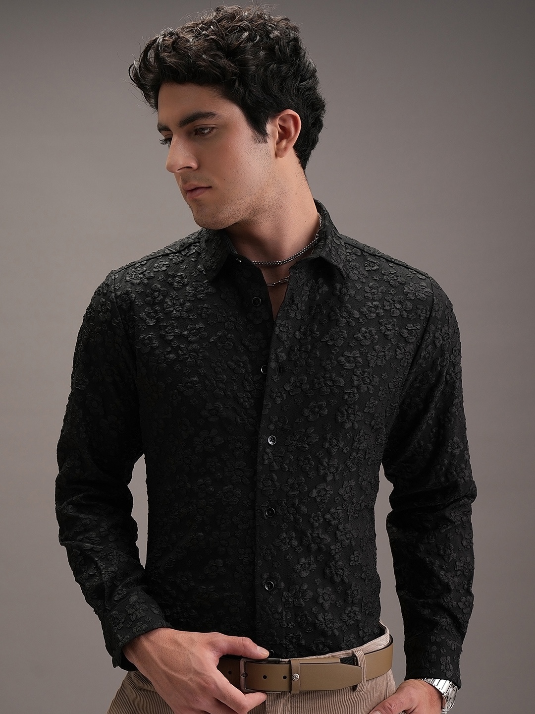 

LOCOMOTIVE Men Luxe Floral Jaquard Textured Party Shirt, Black