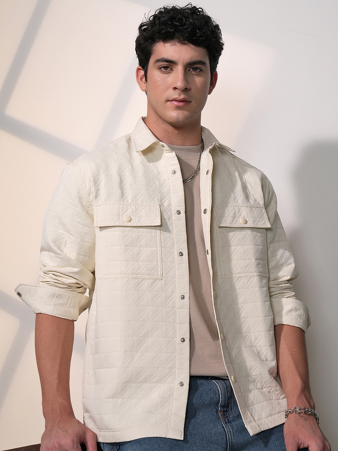 

LOCOMOTIVE Men Premium Embossed Textured Utility Pocket Oversized Overshirt, Cream