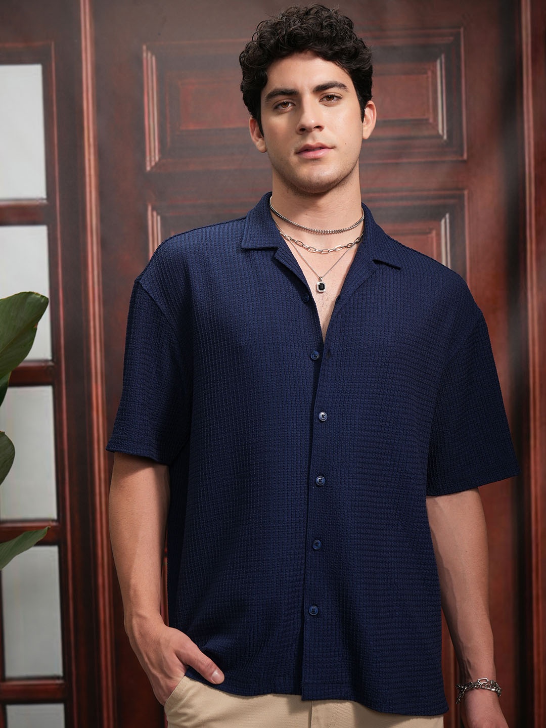 

LOCOMOTIVE Men Premium Bubble Textured Cuban Collar Oversized Shirt, Navy blue