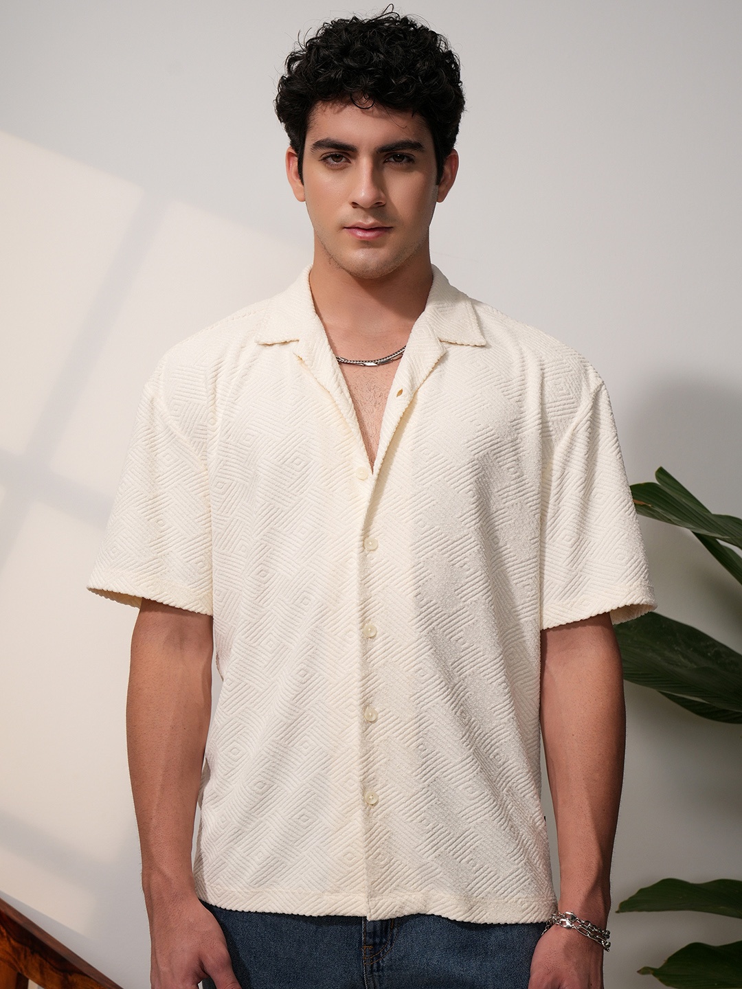 

LOCOMOTIVE Men Premium Terry Towel Oversized Dropshoulder Cuban Collar Shirt, Cream