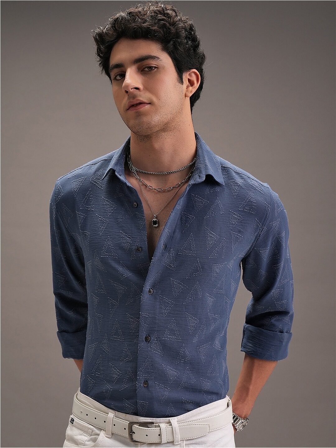 

LOCOMOTIVE Men Luxe Jaquard Textured Party Shirt, Blue
