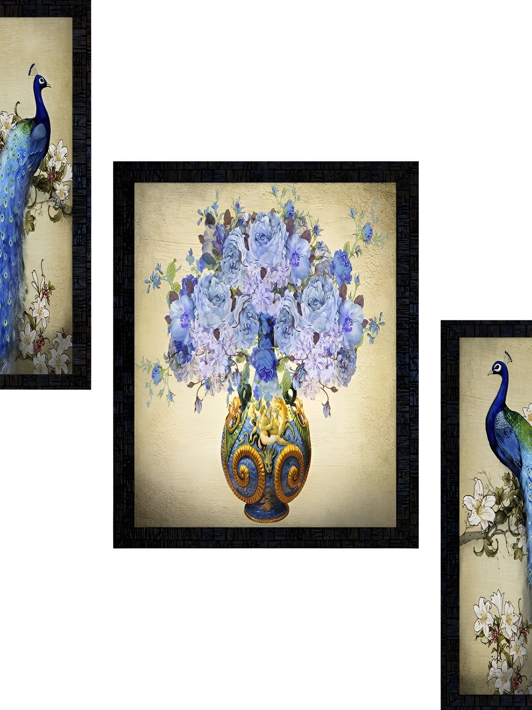 

PnF Black & Blue 3 Pieces Floral & Peacock Painting Wooden Wall Arts