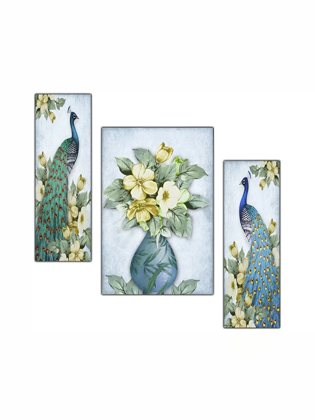 

PnF Blue & Green 3 Pieces Peacock Painting Wooden Wall Arts