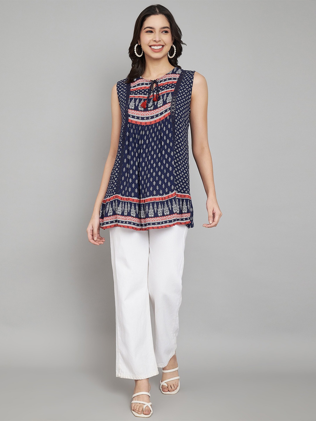 

VELDRESS Ethnic Printed Crepe A-Line Top, Blue