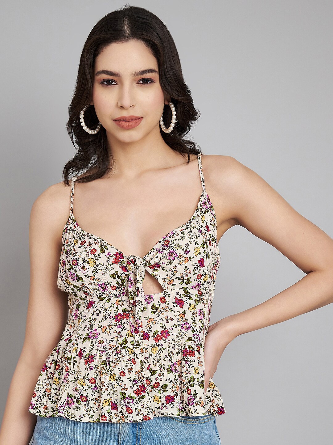 

VELDRESS Floral Printed Shoulder Straps Peplum Top, Beige