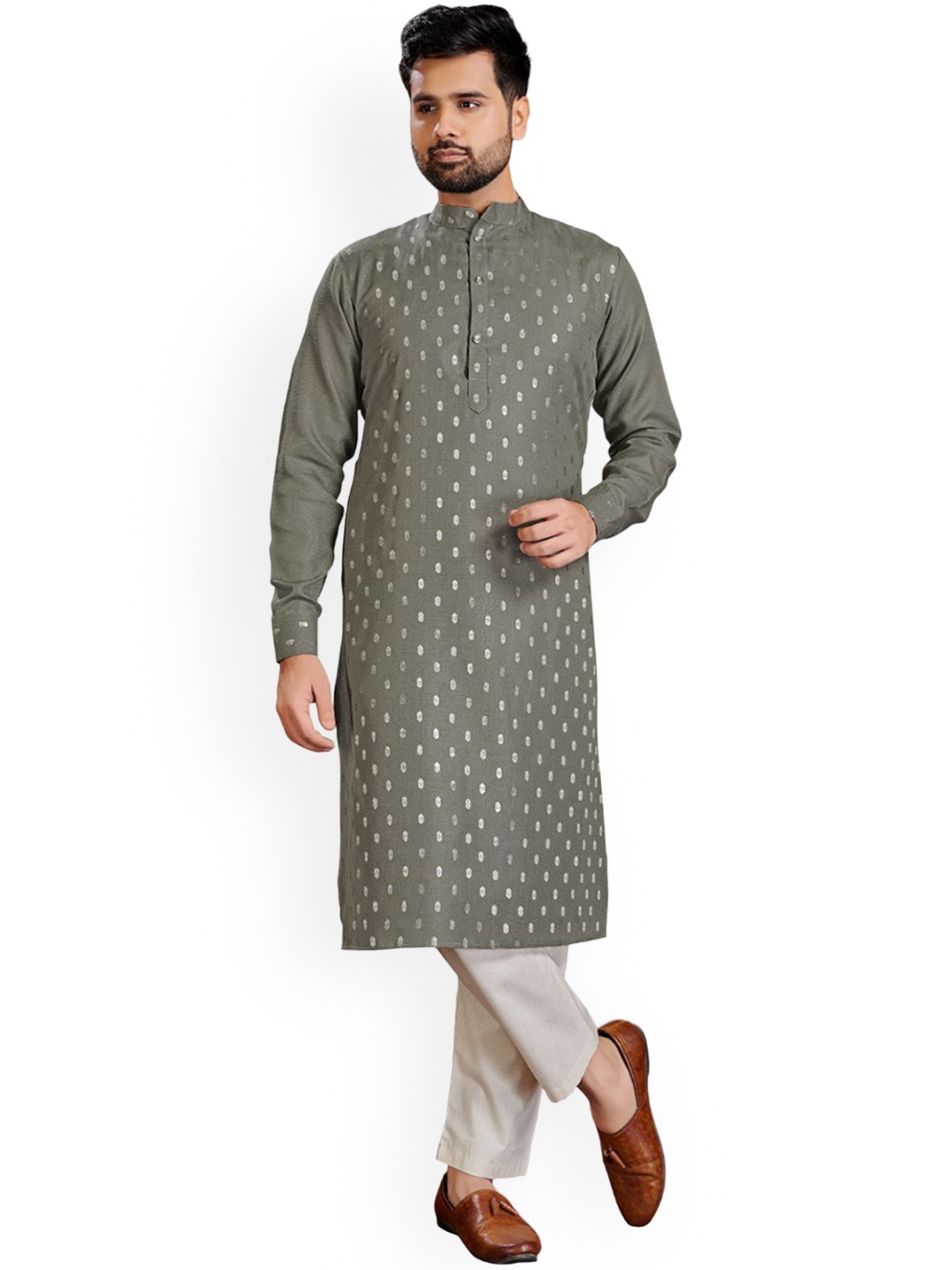 

PERFECTBLUE Ethnic Woven Design Straight Pure Cotton Kurta with Trousers, Grey