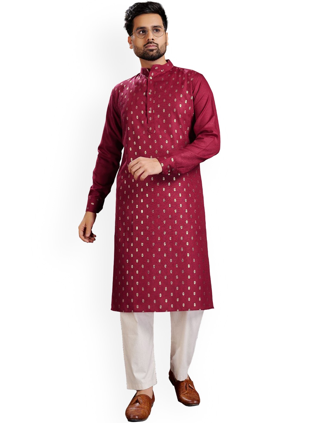 

PERFECTBLUE Geometric Woven Design Pure Cotton Kurta, Red