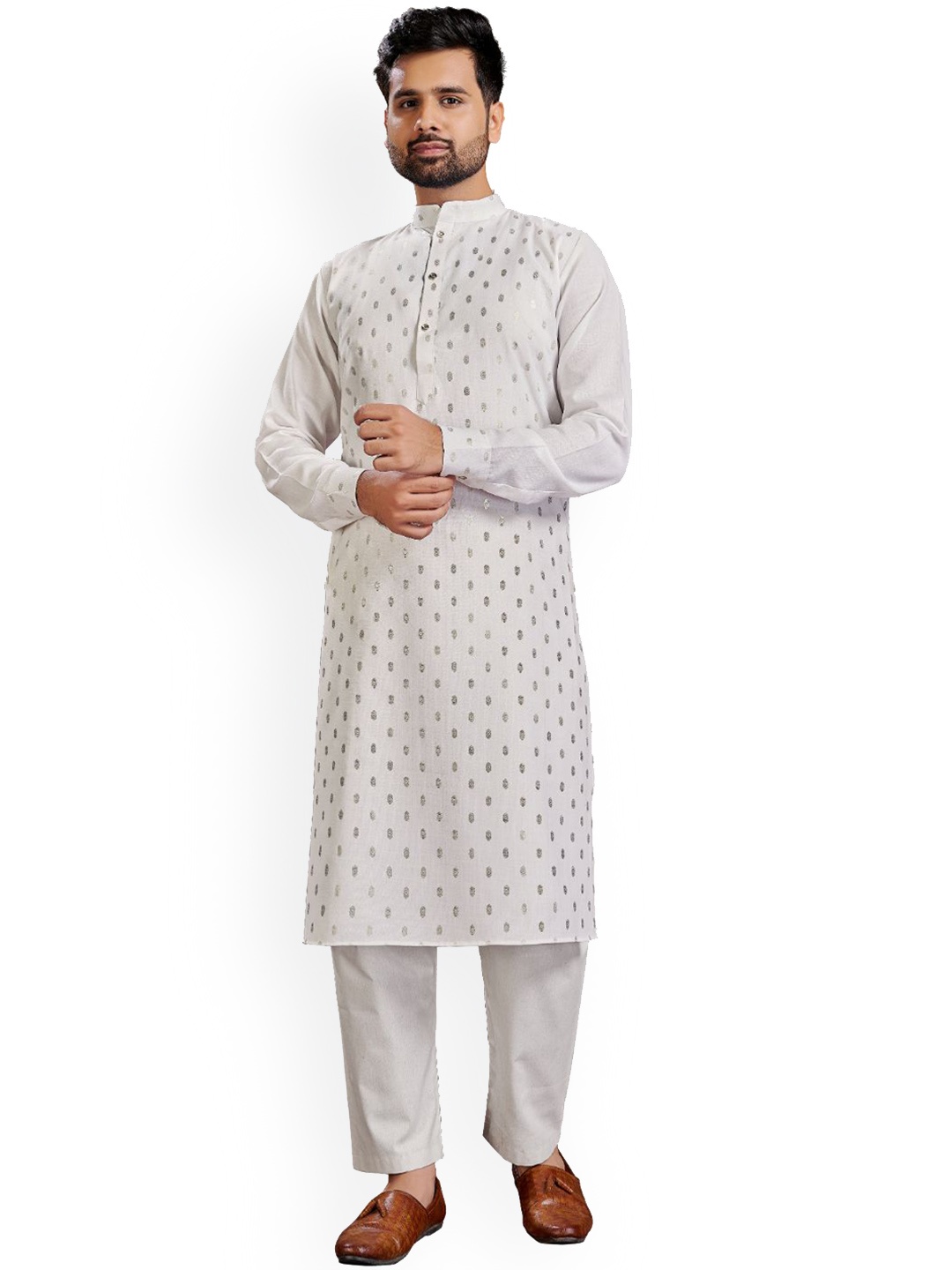 

PERFECTBLUE Geometric Woven Design Pure Cotton Kurta, White