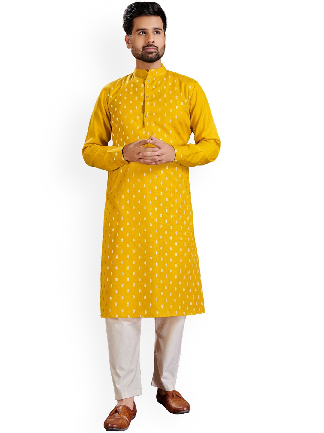 

PERFECTBLUE Ethnic Woven Design Straight Pure Cotton Kurta with Trousers, Yellow