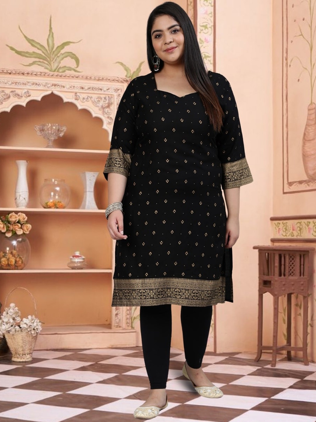 

Nayo Plus Size Ethnic Motifs Printed Thread Work Kurta, Black