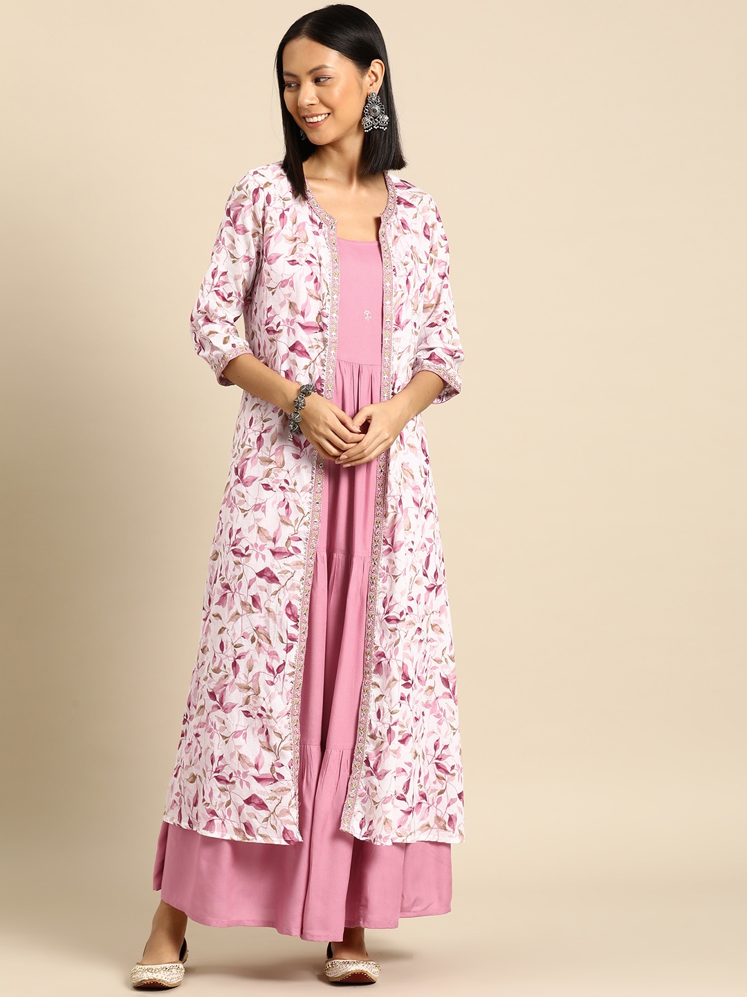 

Nayo Fit & Flare Maxi Ethnic Dress with Shrug, Pink