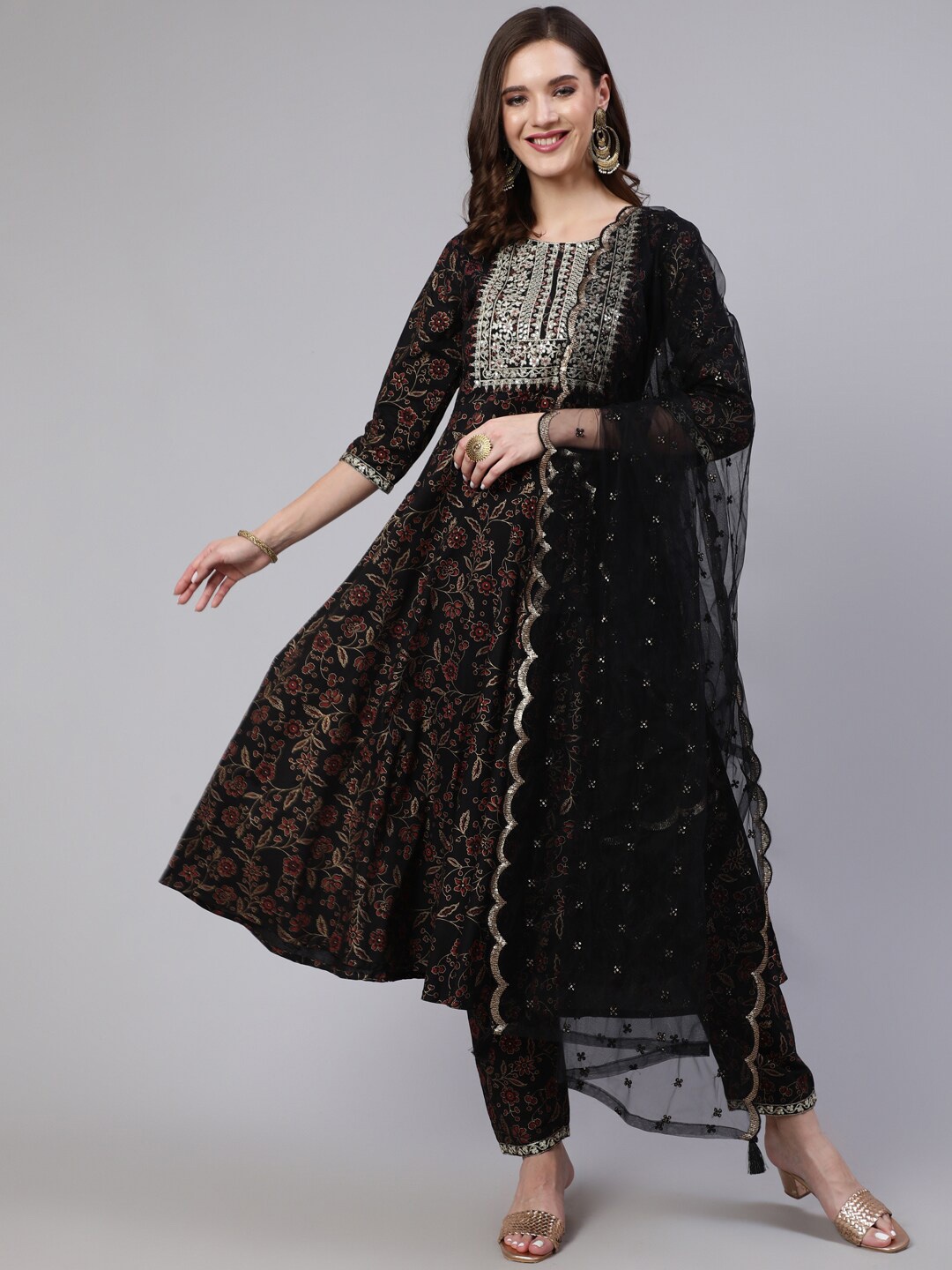 

Nayo Floral Printed Thread Work Pure Cotton Anarkali Kurta With Trousers & Dupatta, Black