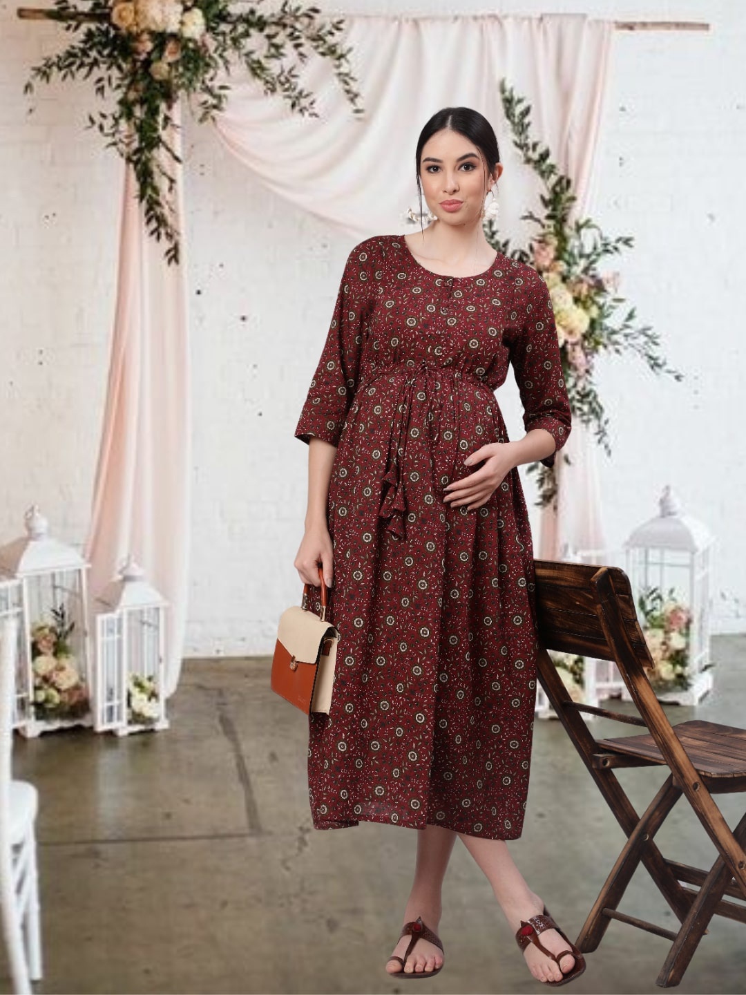

Nayo Floral Printed Cotton Maternity Fit & Flare Midi Dress, Maroon