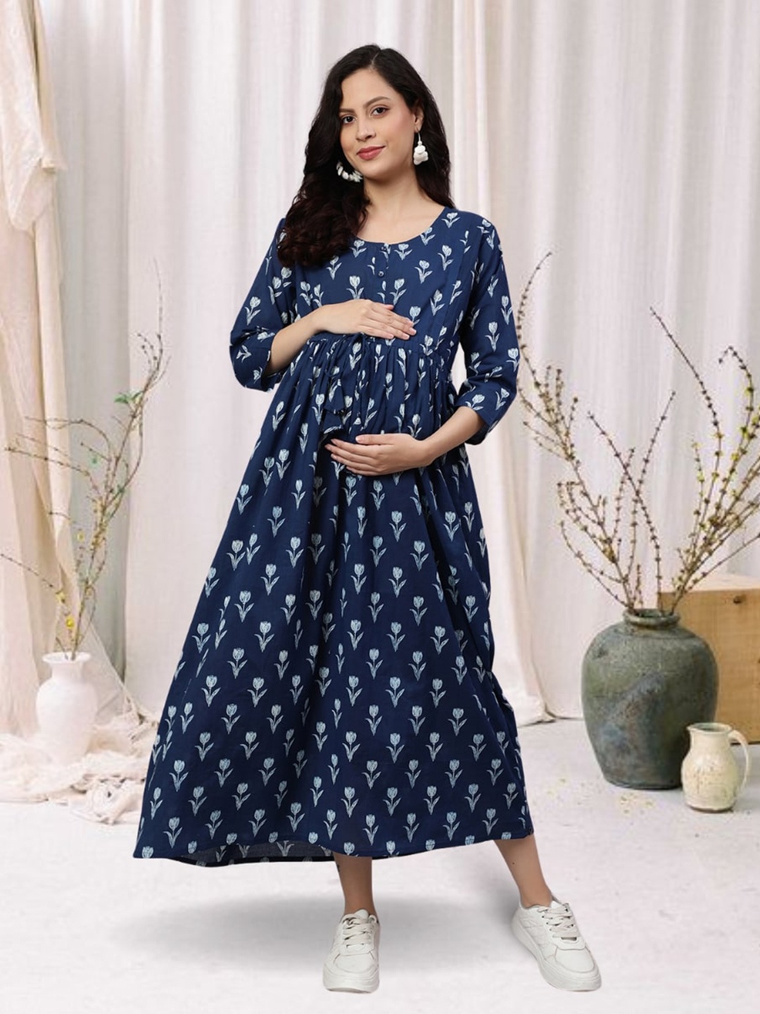 

Nayo Ethnic Motifs Printed Cotton Maternity Midi Dress, Navy blue