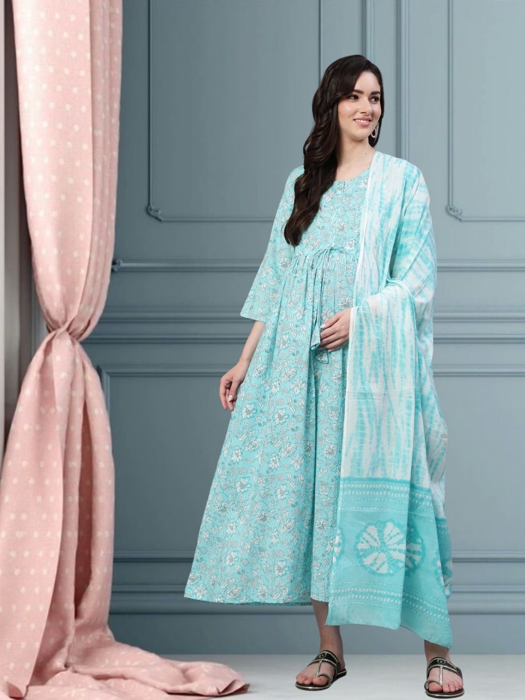 

Nayo Ethnic Motifs Printed Gathered Maternity Cotton Maxi Dress With Dupatta, Blue
