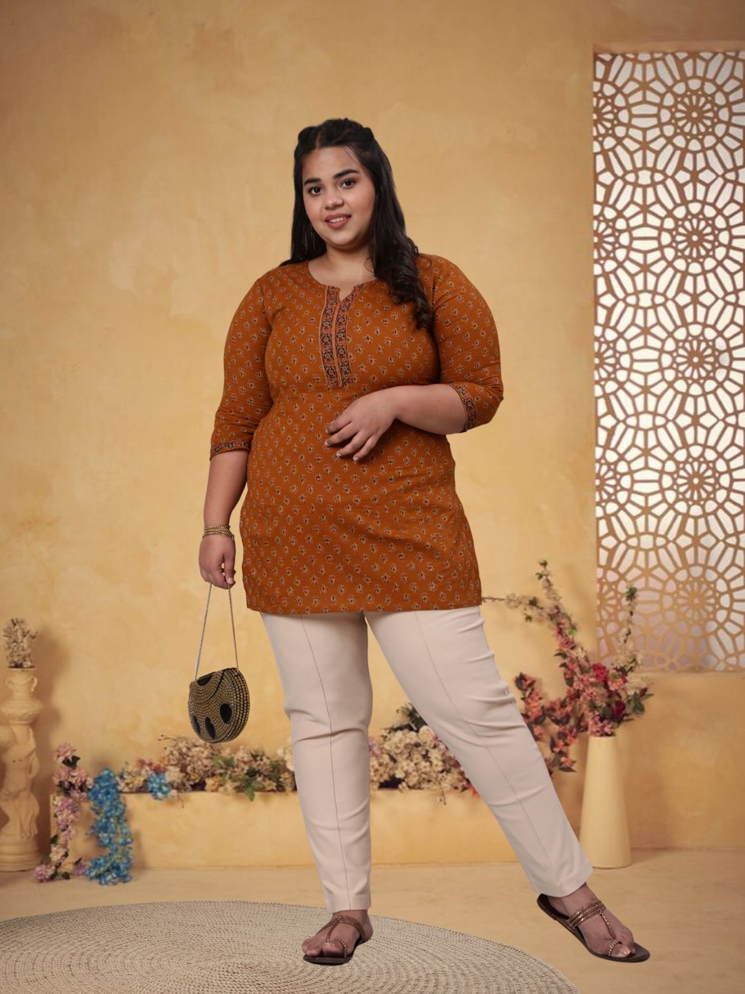 

Nayo Mustard Yellow Plus Size Ethnic Printed Pure Cotton Straight Kurti