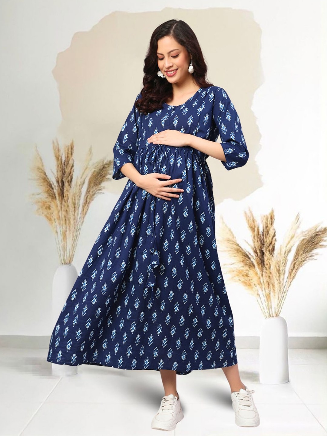 

Nayo Ethnic Motifs Printed Cotton Maternity Midi Dress, Navy blue