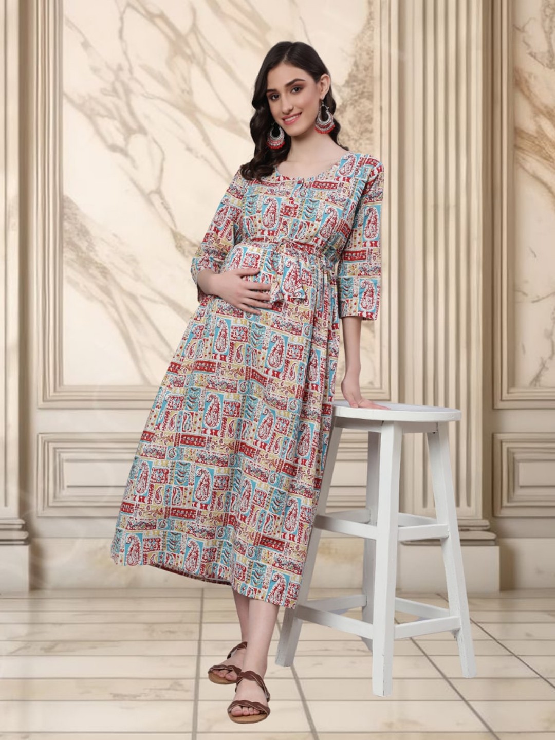 

Nayo Ethnic Motifs Printed Cotton Maternity Midi Dress, Beige