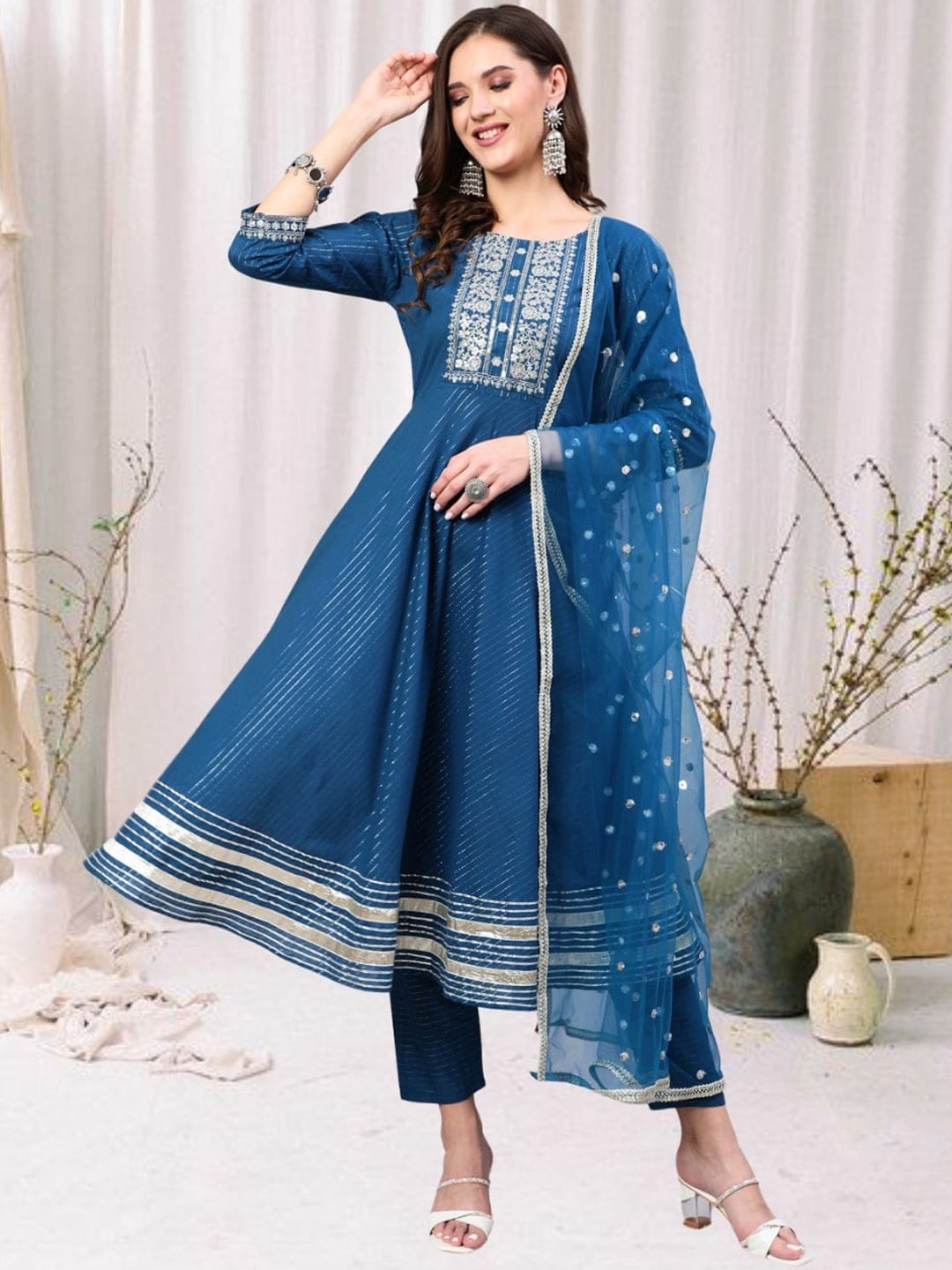 

Nayo Floral Embroidered Thread Work Pure Cotton Anarkali Kurta With Trousers & Dupatta, Teal