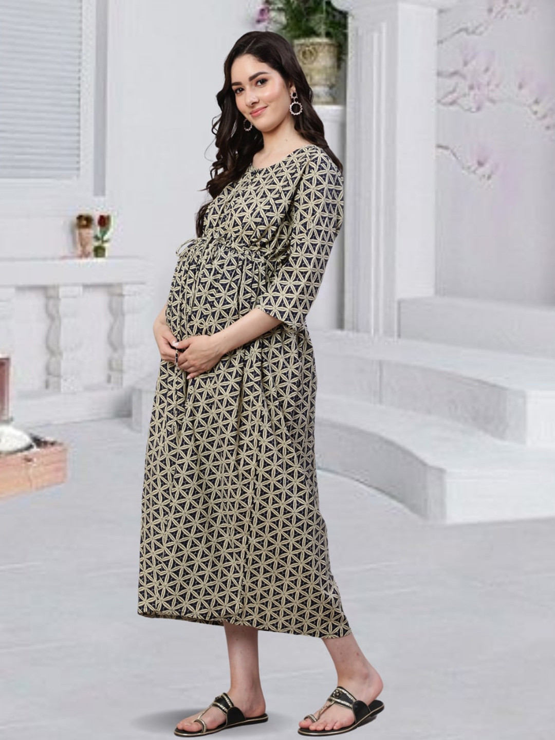 

Nayo Floral Printed Cotton Maternity Midi Dress, Beige