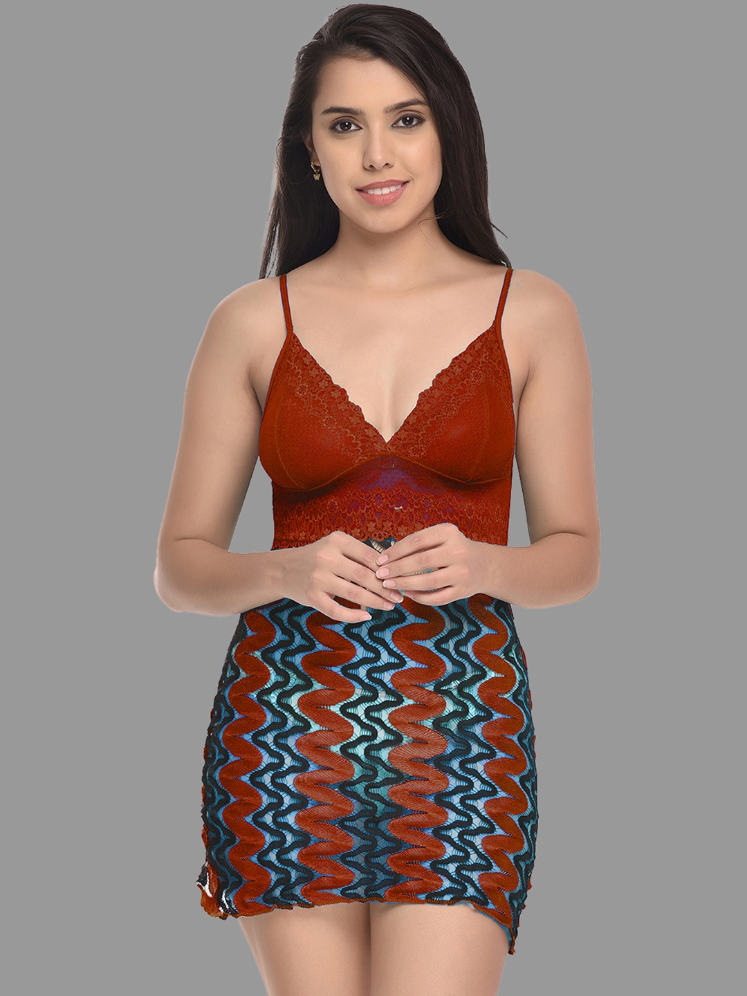 

AROUSY Women Net Lace Self-Design Baby Doll, Maroon