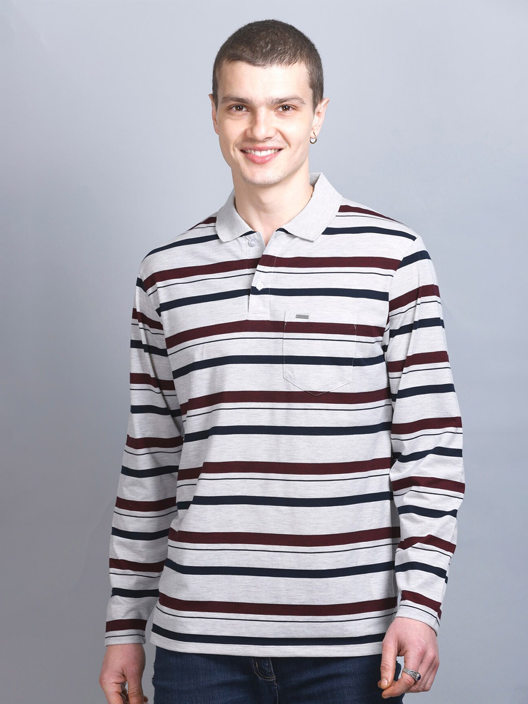 

GODFREY Striped Polo Collar Long Sleeves T-shirt, Off white