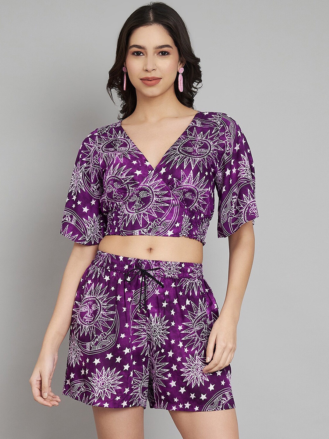 

VELDRESS V-Neck Printed Crop Top And Shorts, Purple