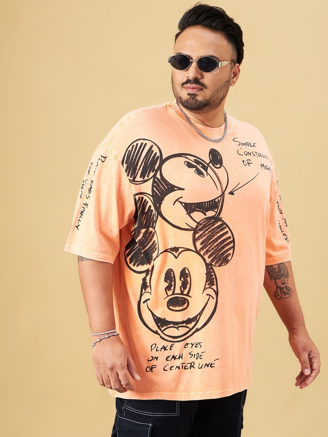 

Bewakoof Plus Size Mickey & Minnie Printed Acid Wash Oversized Cotton T-shirt, Orange