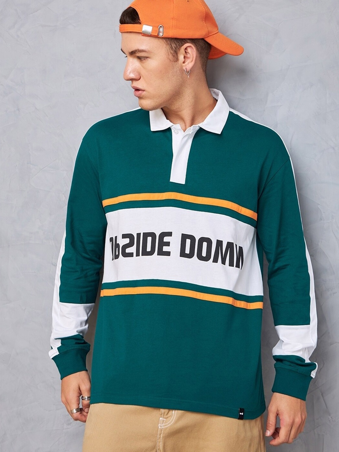 

Bewakoof Green Typography Printed Polo Collar Long Sleeves Cotton Oversized T-shirt