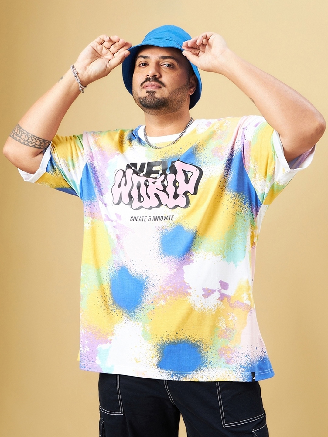 

Bewakoof Plus Size New World Tie & Dye Drop-Shoulder Sleeves Boxy Loose Fit Cotton T-shirt, White