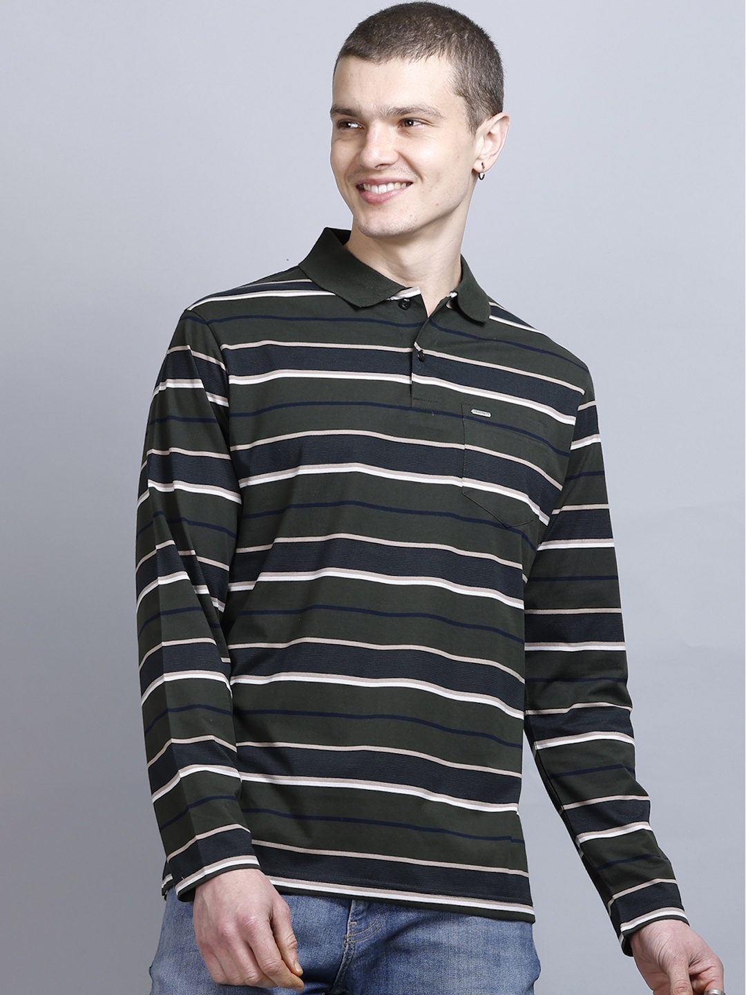 

GODFREY Striped Polo Collar Ultralite Casual T-shirt, Olive