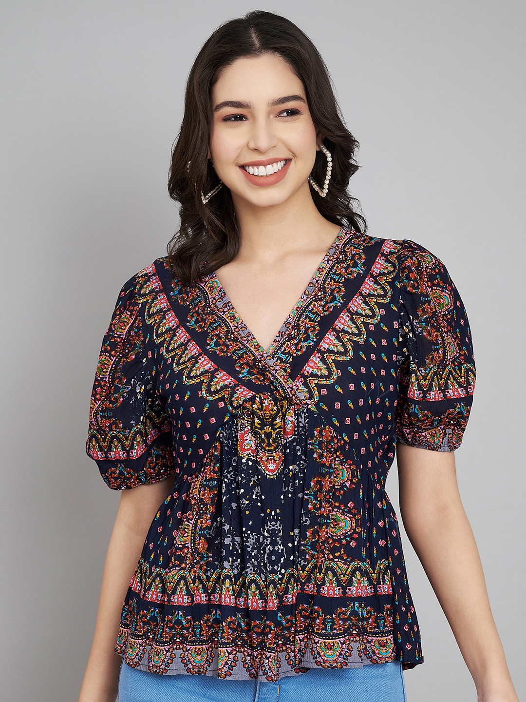 

VELDRESS Ethnic Printed Puff Sleeves Empire Top, Blue