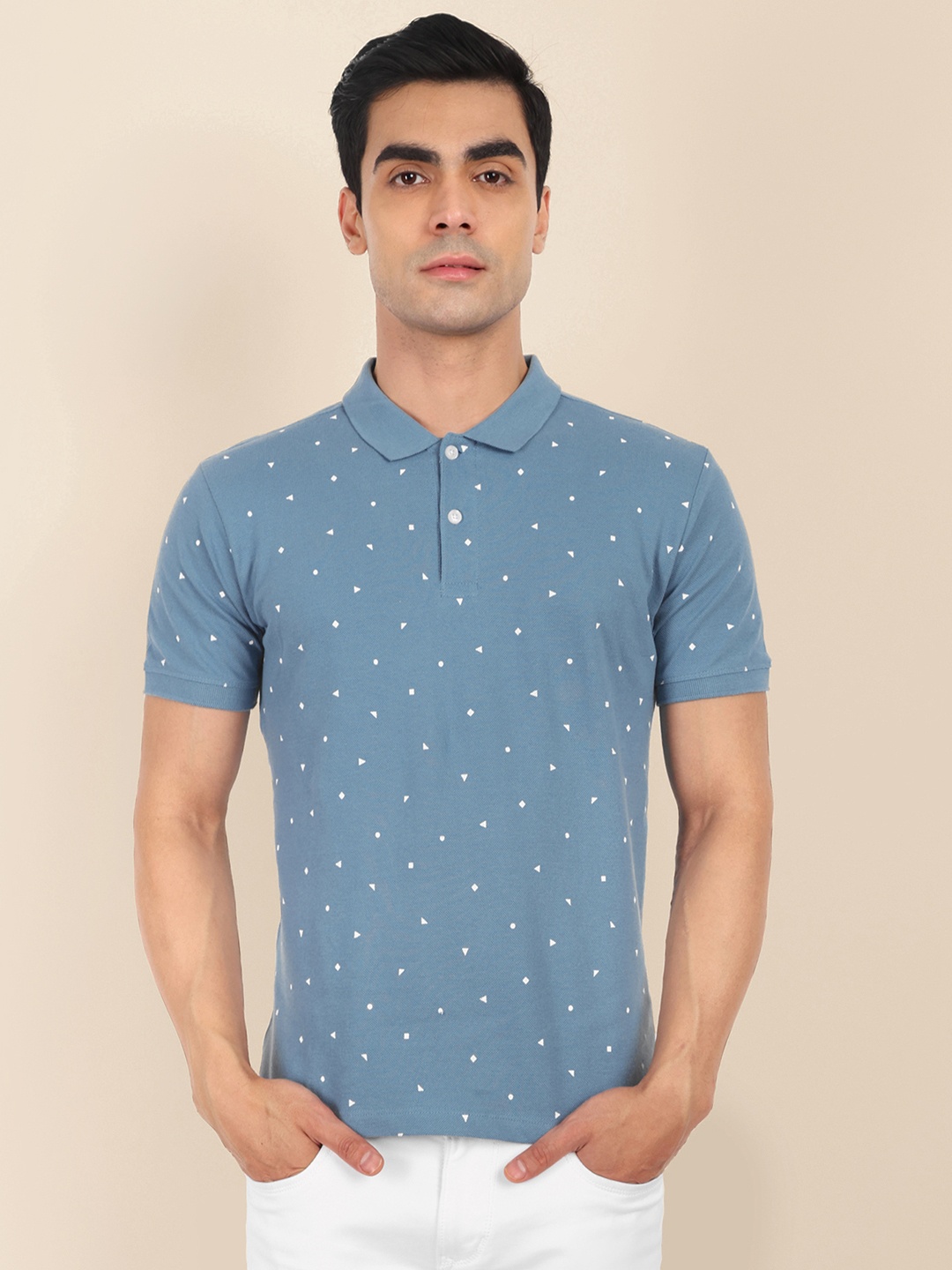 

TOMHIDDLE Conversational Printed Polo Collar Bio-Washed Pure Cotton T-shirt, Blue