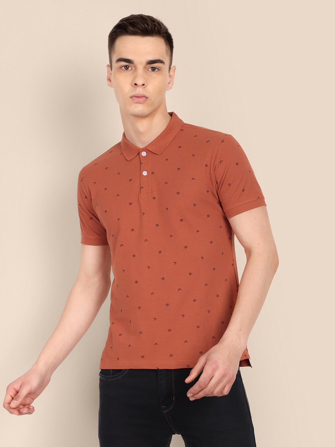 

TOMHIDDLE Conversational Printed Polo Collar Bio-Washed Pure Cotton T-shirt, Rust